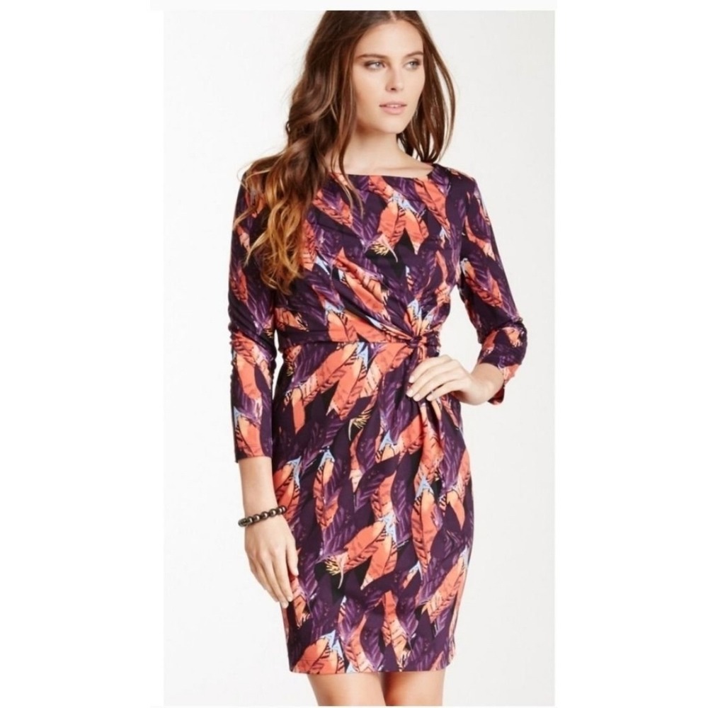 Tracy Negoshian Women XS Orange Purple Feather Print Twist Front Dress‎ NWT